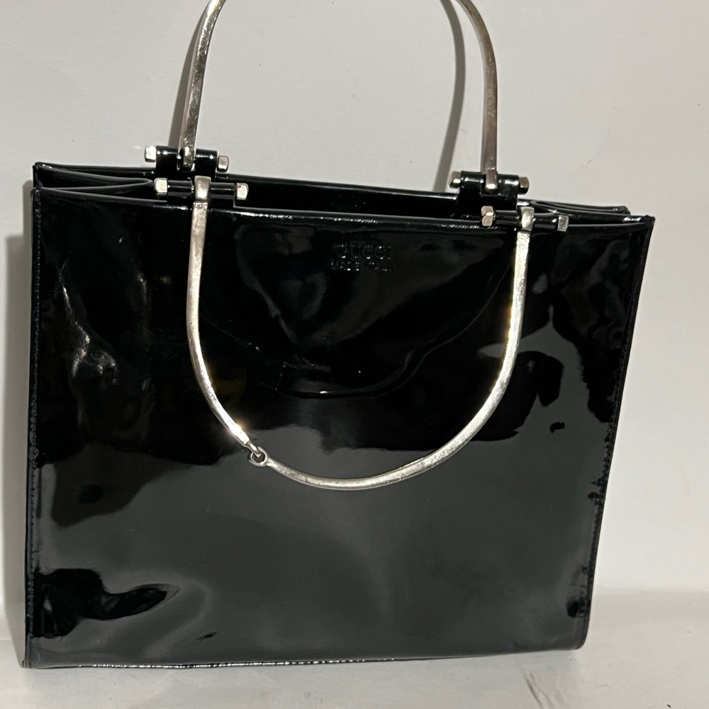 Black Patent Tote Bag with Silver Handles